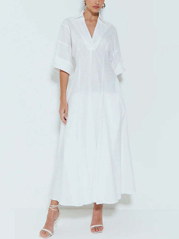 Mevelyn | High-Waisted Pleated V-Neck Maxi Shirt Dress