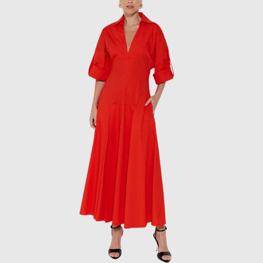 Mevelyn | High-Waisted Pleated V-Neck Maxi Shirt Dress