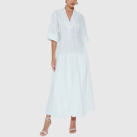 Mevelyn | High-Waisted Pleated V-Neck Maxi Shirt Dress