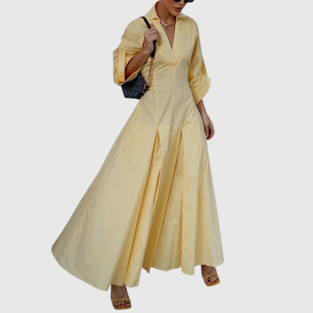 Mevelyn | High-Waisted Pleated V-Neck Maxi Shirt Dress