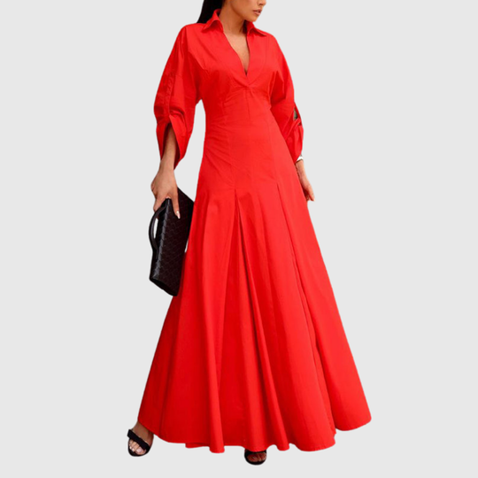 Mevelyn | High-Waisted Pleated V-Neck Maxi Shirt Dress