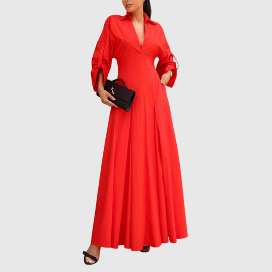 Mevelyn | High-Waisted Pleated V-Neck Maxi Shirt Dress